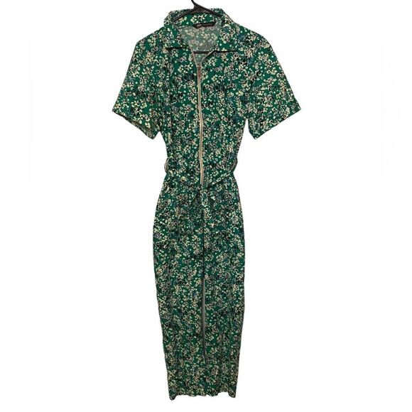 Zara Women’s Jumpsuit Green Floral Print Zip Front Short Sleeves size XS - Picture 4 of 9